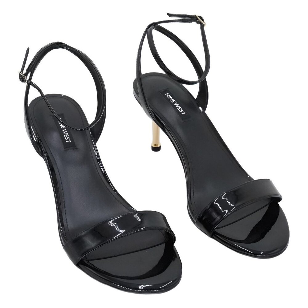 Nine West Black Patent Ankle-Strap Heels with Gold Stiletto